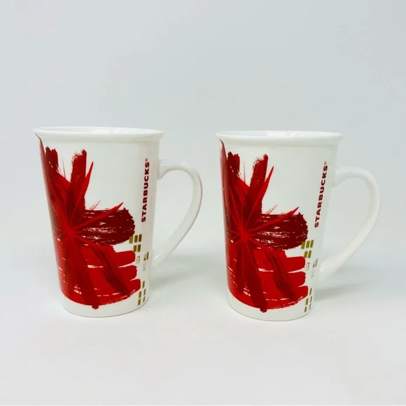 Starbucks Christmas Coffee Mugs Set Of 2 Red Gold Starburst Tall 12oz Holiday - Picture 8 of 8